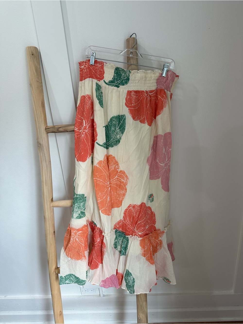 Anthro Floral Tiered Midi Skirt - Cream with Coral & Green